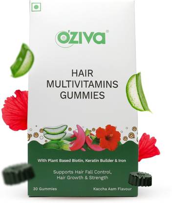 OZiva Biotin Hair Multivitamin Gummies | Keratin Builder | Iron and Vitamins B9, B6, D | Hair Fall Control | Raw Mango
