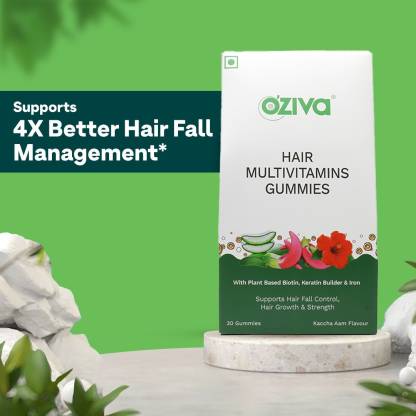 OZiva Biotin Hair Multivitamin Gummies | Keratin Builder | Iron and Vitamins B9, B6, D | Hair Fall Control | Raw Mango