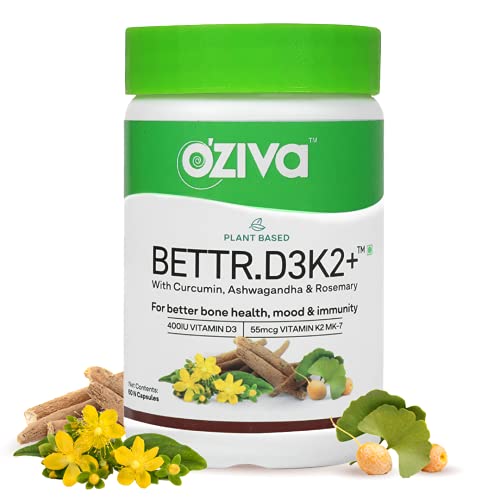 OZiva Bettr.D3K2 | Plant Based Vitamin D3 and K2 | Curcumin and Ashwagandha | Anti-Inflammation | Bone Health
