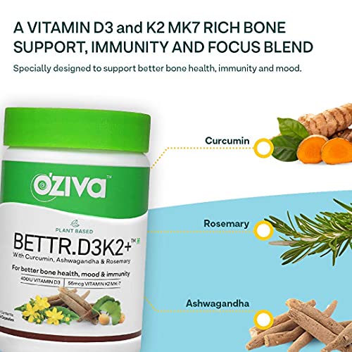 OZiva Bettr.D3K2 | Plant Based Vitamin D3 and K2 | Curcumin and Ashwagandha | Anti-Inflammation | Bone Health