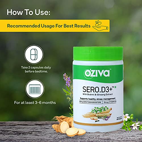 OZiva Sero.D3 | Serotonin Boosters | Vitamin D3 | Brahmi and Ginseng | Stress and Anxiety Relief