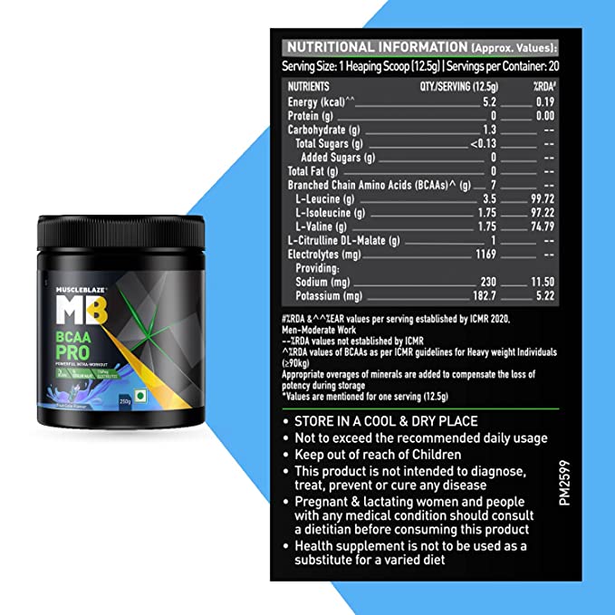 MuscleBlaze BCAA Pro | 7g Vegan BCAAs | Intra-Workout | Muscle Recovery | Blueberry Lemonade