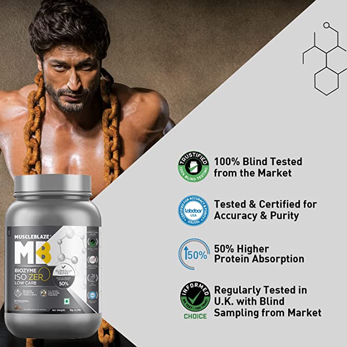 MuscleBlaze Biozyme Iso-Zero | Low Carb Whey Protein Isolate | 27g Protein | EAF | Chocolate