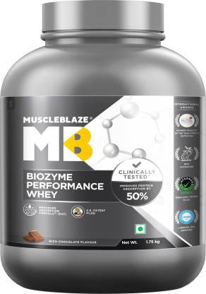 MuscleBlaze Biozyme Performance Whey | 25g Protein per 38.5g Scoop | 50%Higher Absorption | EAF | Rich Chocolate
