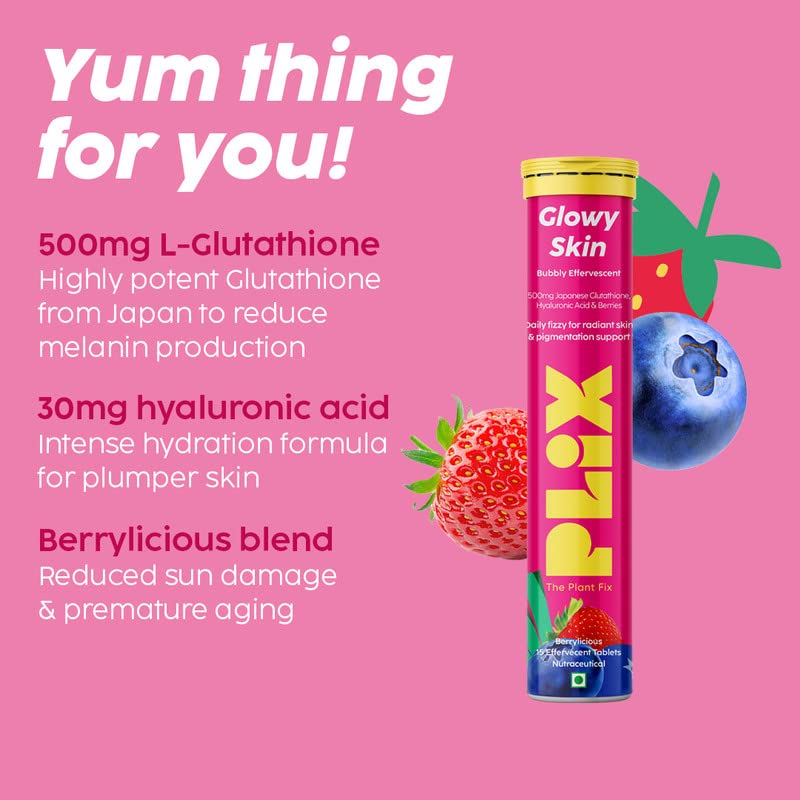 PLIX Glutathione Skin Glow Effervescent | 500mg | Vitamin E | Fades Dark Spots | Strawberry