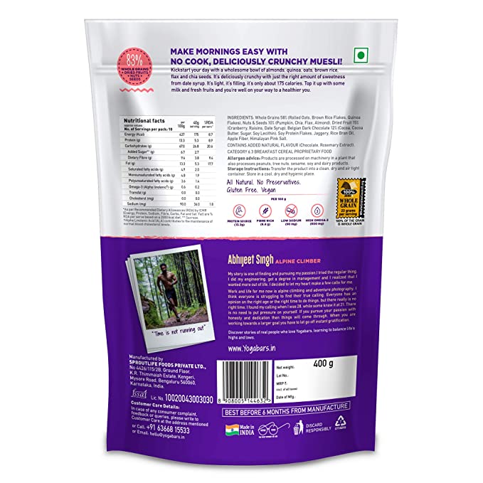 YogaBar Wholegrain Dark Chocolate Cranberry Muesli | High Antioxidant | Breakfast Cereal