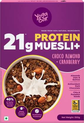 YogaBar 21g Protein Muesli | Whey Protein Isolate | Almonds | Probiotics | Choco Almond Cranberry