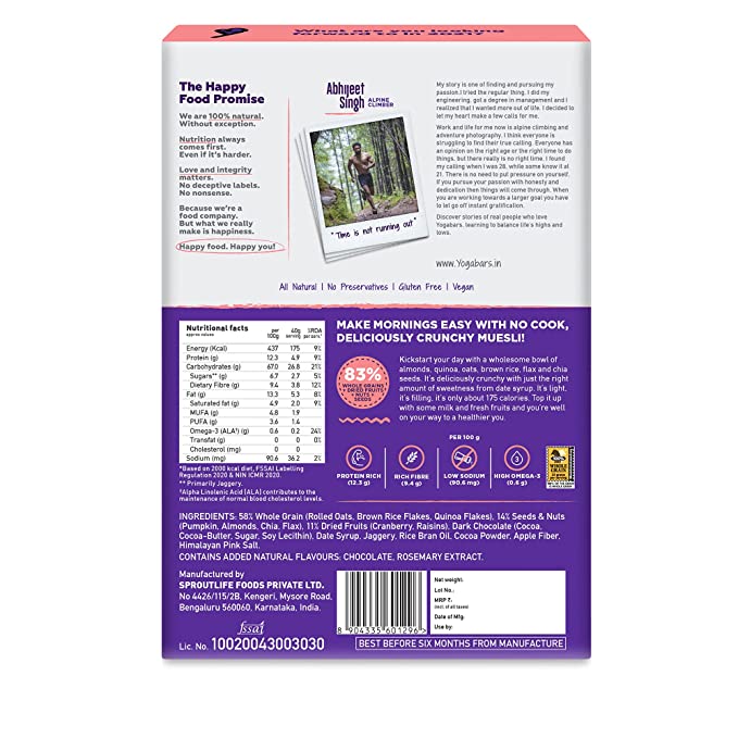 YogaBar Fruit Nuts and Seeds Muesli | 92% Wholegrains | Low Sugar | Gluten-Free