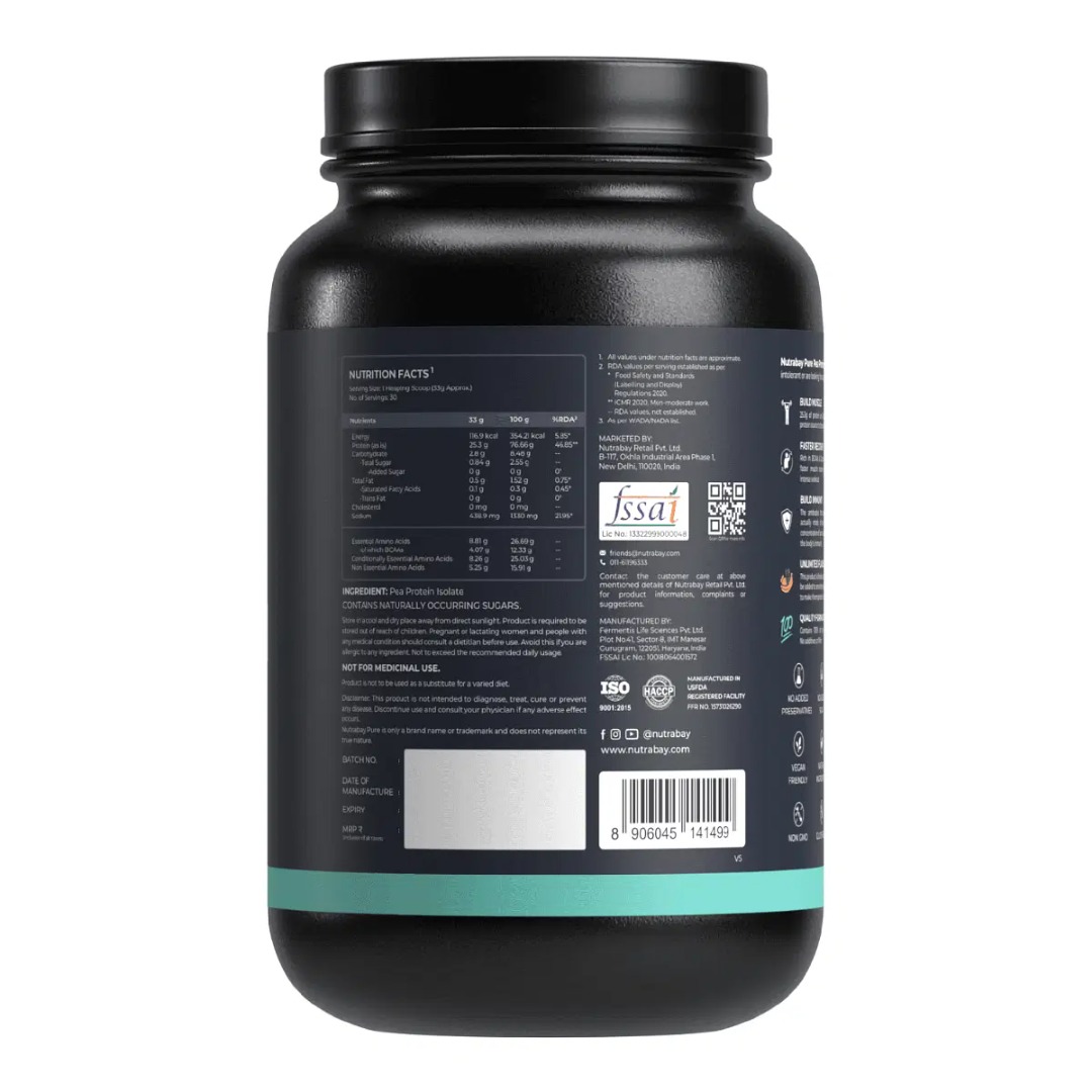 Nutrabay Pure Pea Protein Isolate | 25.3g Protein | 5g BCAA | Vegan Plant Protein | Unflavoured