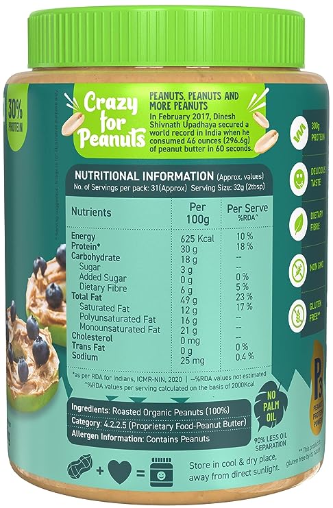 Alpino Organic Natural Peanut Butter | 30g Protein | 100% Roasted Peanuts | No Added Sugar | Crunchy