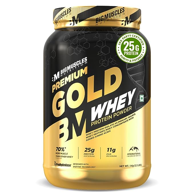 Bigmuscles Premium Gold Whey | 25g Protein | 5.5g BCAA | Zero Sugar | Muscle Recovery | Chocolate