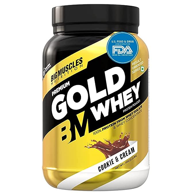 Bigmuscles Premium Gold Whey | 25g Protein | 5.5g BCAA | Zero Sugar | Lean Muscle | Cookie and Cream