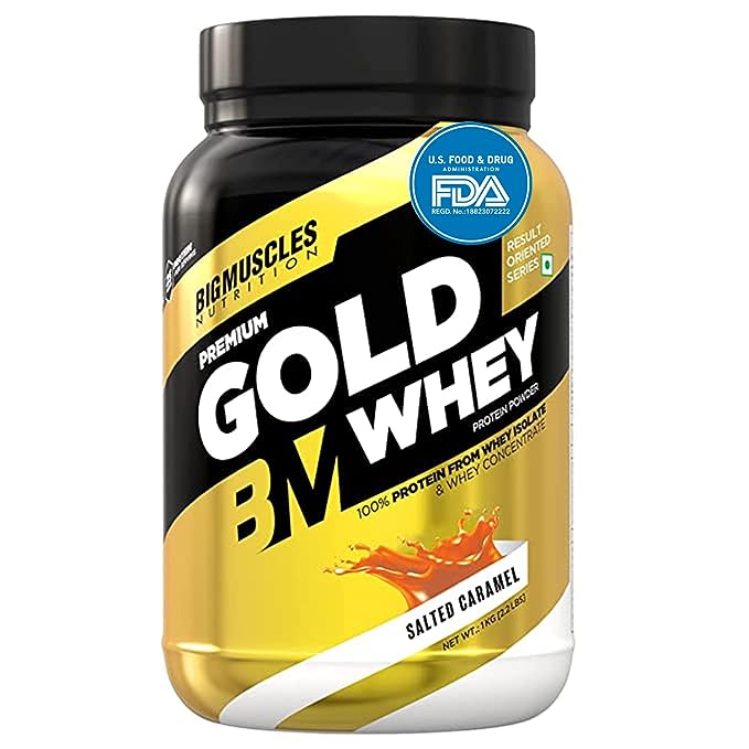 Bigmuscles Premium Gold Whey | 25g Protein | 5.5g BCAA | Zero Sugar | Lean Muscle | Salted Caramel Latte