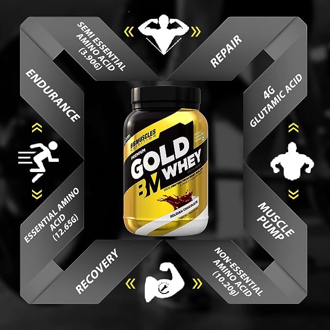 Bigmuscles Premium Gold Whey | 25g Protein | 5.5g BCAA | Zero Sugar | Lean Muscle | Salted Caramel Latte