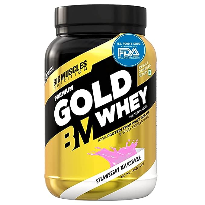 Bigmuscles Premium Gold Whey | 25g Protein | 5.5g BCAA | Zero Sugar | Lean Muscle | Strawberry Milkshake