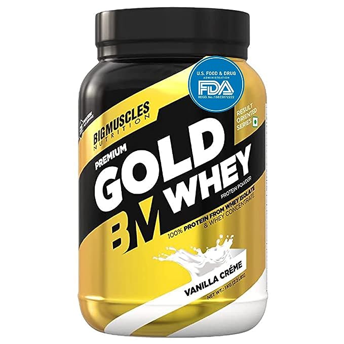 Bigmuscles Premium Gold Whey | 25g Protein | 5.5g BCAA | Zero Sugar | Lean Muscle | Vanilla Creme