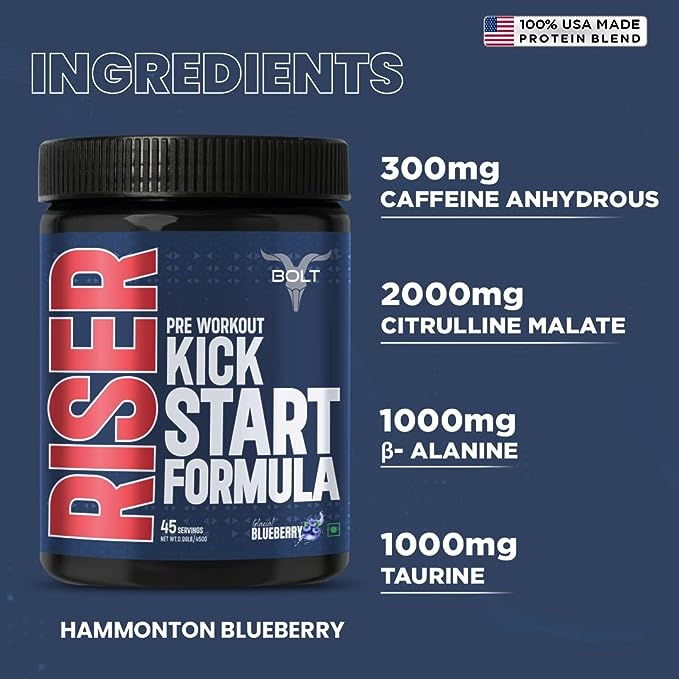 Bolt Riser Pre-Workout | Phycocyanin | Caffeine | Citrulline and Beta-Alanine | Energy and Focus | Blueberry