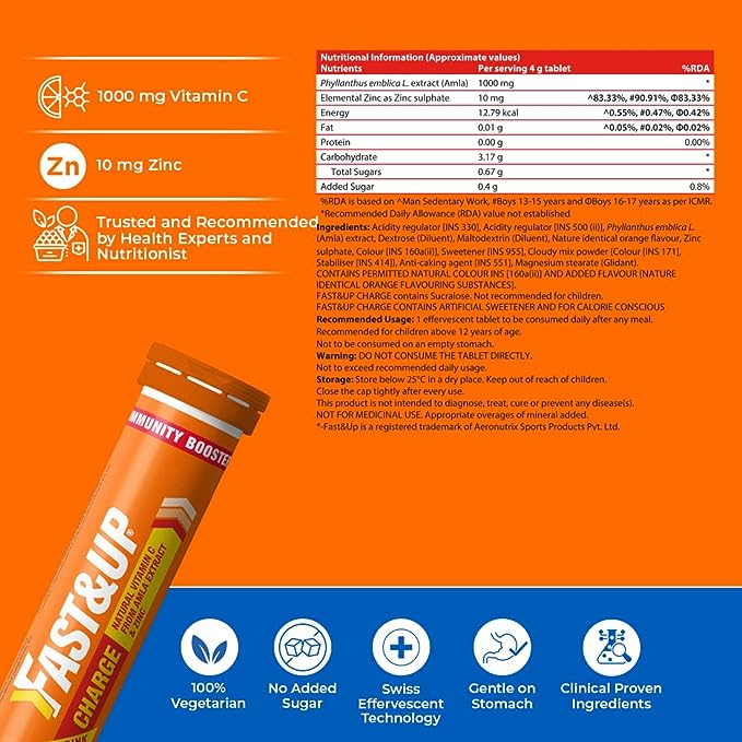 Fast and Up Charge | Natural Vitamin C and Zinc Effervescent | Amla | Immunity | Orange