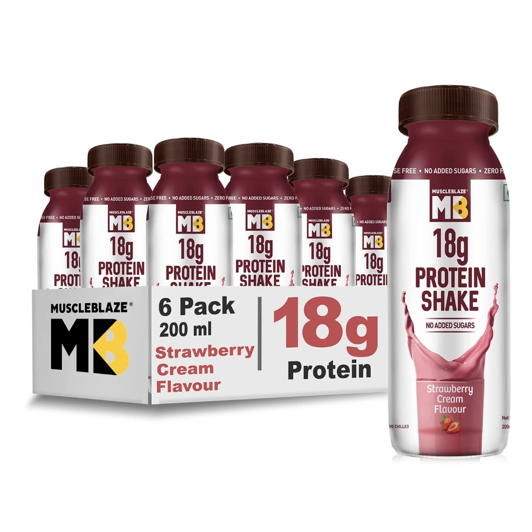 MuscleBlaze 18g Protein Shake | No Added Sugar | Lactose-Free | Strawberry Cream