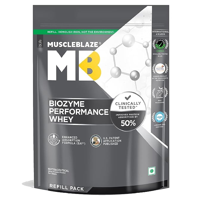 MuscleBlaze Biozyme Performance Whey | 25g Protein | 50%Higher Absorption | EAF | Raw Refill Pack | Chocolate