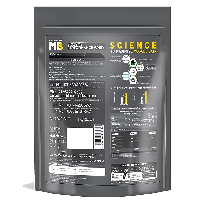 MuscleBlaze Biozyme Performance Whey | 25g Protein | 50%Higher Absorption | EAF | Raw Refill Pack | Chocolate