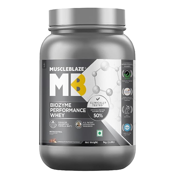 MuscleBlaze Biozyme Performance Whey | 25g Protein | 50% Higher Absorption | EAF | Labdoor Certified | Chocolate Hazelnut