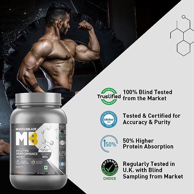 MuscleBlaze Biozyme Performance Whey | 25g Protein | 50% Higher Absorption | EAF | Labdoor Certified | Chocolate Hazelnut