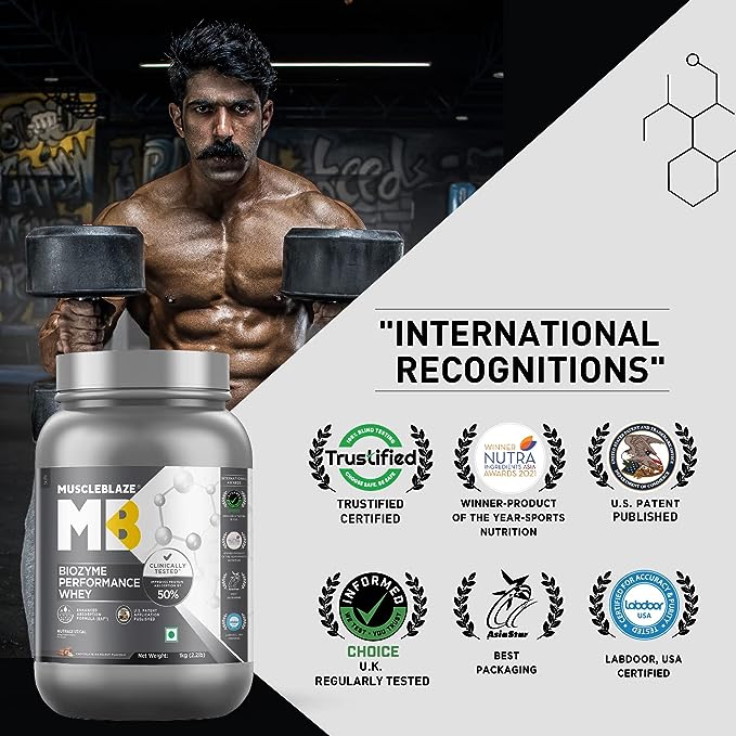 MuscleBlaze Biozyme Performance Whey | 25g Protein | 50% Higher Absorption | EAF | Labdoor Certified | Chocolate Hazelnut