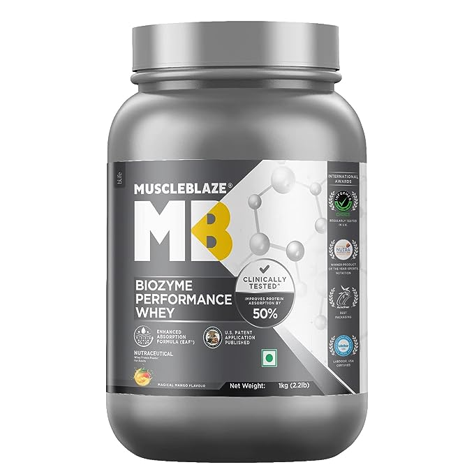 MuscleBlaze Biozyme Performance Whey | 25g Protein | 50%Higher Absorption | EAF | Labdoor Certified | Magical Mango
