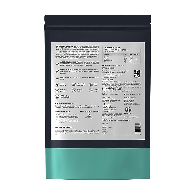 Nutrabay Pure 100% L-Arginine Powder | 100 Servings | Muscle Building | Endurance | Unflavoured