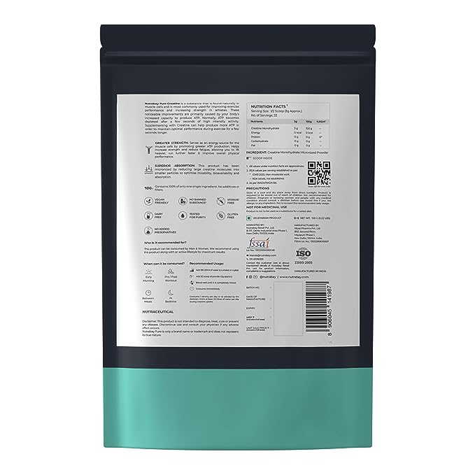 Nutrabay Pure Micronised Creatine Monohydrate | 3g per Serving | Muscle Recovery | Athletic Performance | Unflavoured