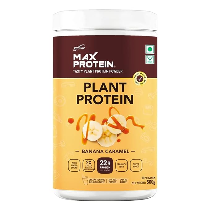 RiteBite Max Protein Plant Protein Powder | 22g Protein | Probiotic | No Added Sugar | Banana Caramel
