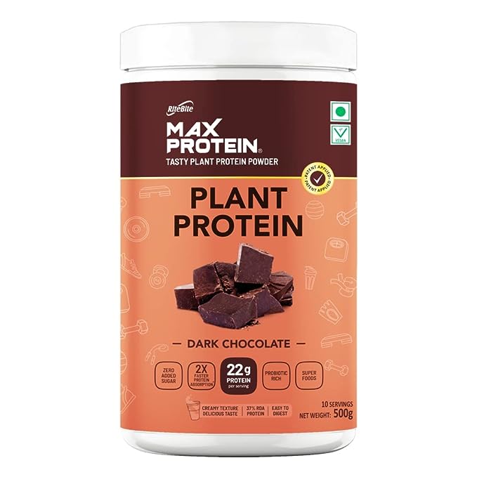 RiteBite Max Protein Plant Protein Powder | 22g Protein | Probiotic | No Added Sugar | Belgian Dark Chocolate