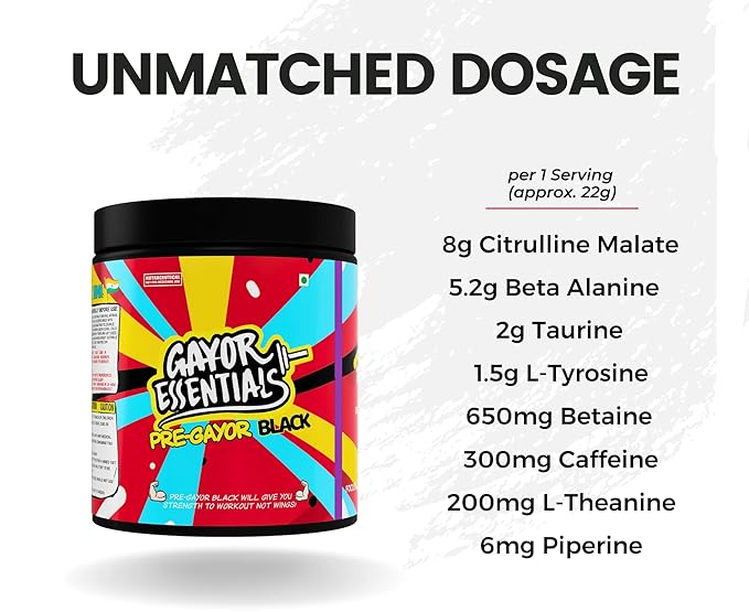 GAYOR ESSENTIALS Pre-Black Pre-Workout | Advanced Formula | Pump and Strength