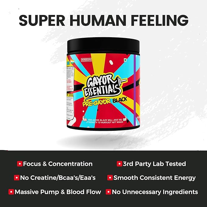 GAYOR ESSENTIALS Pre-Black Pre-Workout | Advanced Formula | Pump and Strength