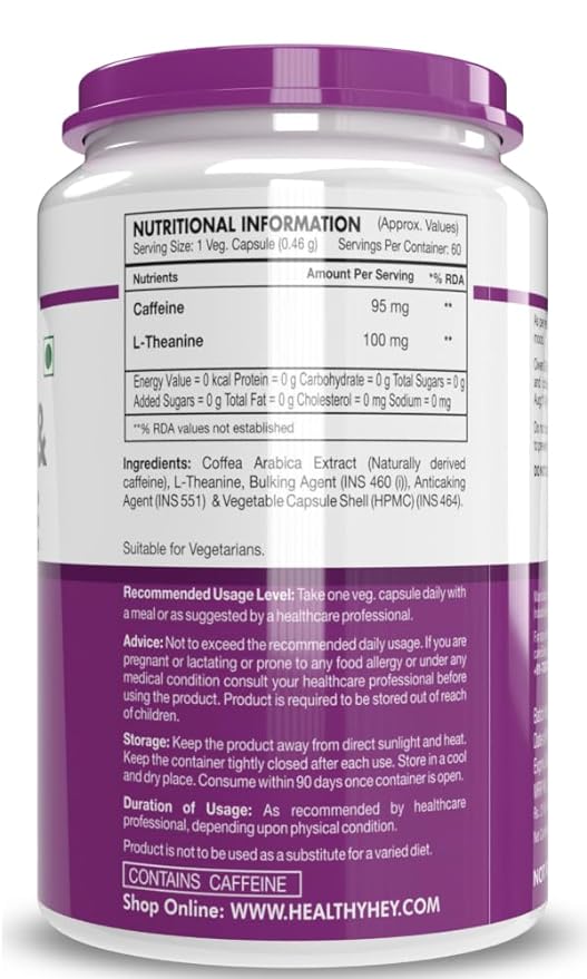 HealthyHey Natural Caffeine 100mg | L-Theanine 200mg | Energy and Focus