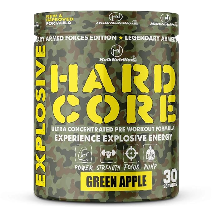 Hulk Nutrition Hardcore Pre-Workout | Creatine | Beta-Alanine | Explosive Energy | Green Apple