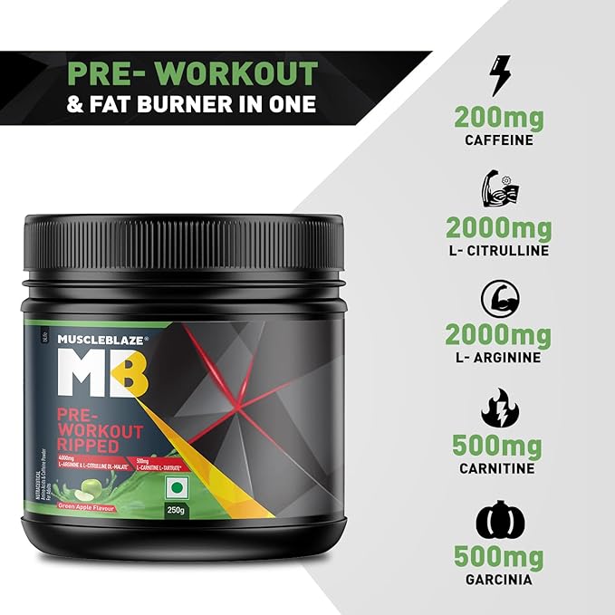 MuscleBlaze Pre-Workout Ripped | L-Citrulline | L-Arginine | L-Carnitine | Fat Burn | Green Apple