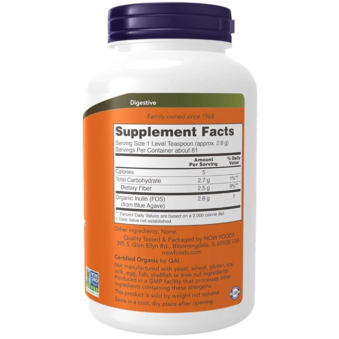 Now Foods Certified Organic Inulin Powder | Prebiotic | Gut Health | Unflavoured