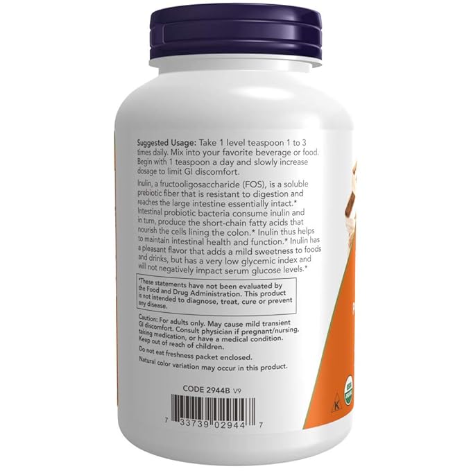 Now Foods Certified Organic Inulin Powder | Prebiotic | Gut Health | Unflavoured