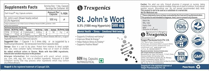 Trexgenics St. John Wort 500mg | 0.3% Hypericin | Mental Health and Mood Support