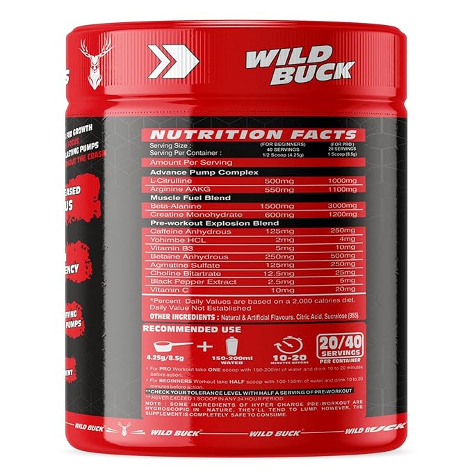 Wild Buck Hyper Charge Pre-Workout | Hardcore Pump | Non-Crash Energy | Creatine and Beta-Alanine
