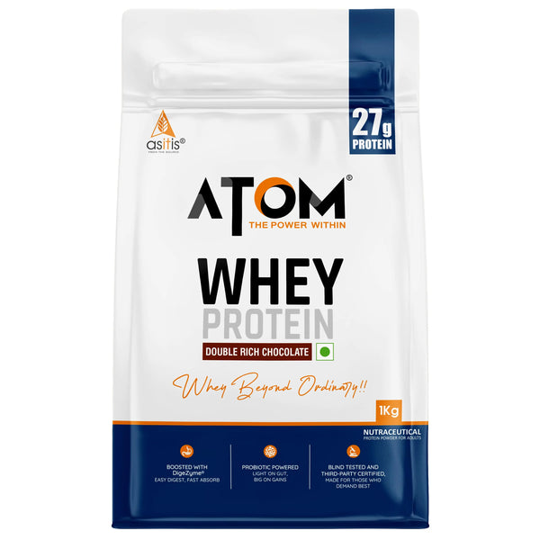 AS-IT-IS ATOM Whey Protein | Isolate and Concentrate Blend | 27g Protein per 36g Scoop | Digestive Enzymes | Muscle Growth | Double Rich Chocolate