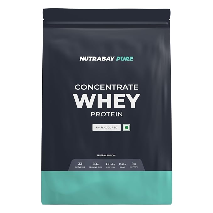 Nutrabay Pure 100% Raw Whey Protein Concentrate | 23.4g Protein | 5.3g BCAA | Unflavoured