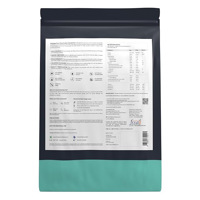 Nutrabay Pure 100% Raw Whey Protein Concentrate | 23.4g Protein | 5.3g BCAA | Unflavoured