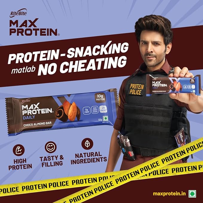 RiteBite Max Protein Work-Out Choco Almond Bar | 10g Protein | Whey