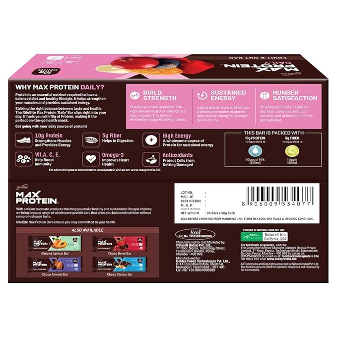 RiteBite Max Protein Daily Fruit and Nut Bar | High Protein | No Preservatives | Box