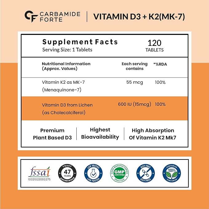 Carbamide Forte Plant Based Vitamin D3 K2 MK7 | Bone and Immune Health | Veg Capsules