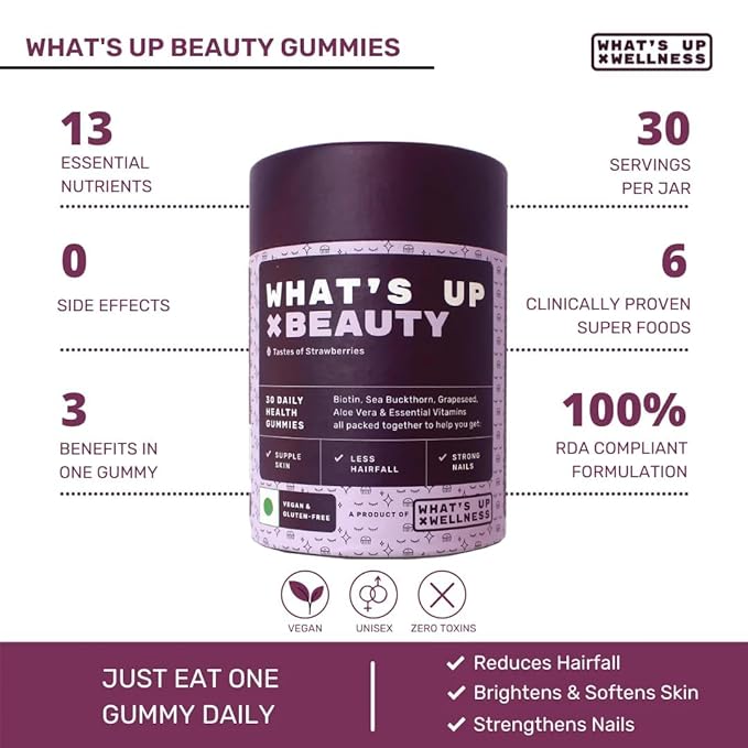 Whats Up Wellness Biotin Beauty Gummies | Sea Buckthorn and Grapeseed | Hair | Skin and Nails