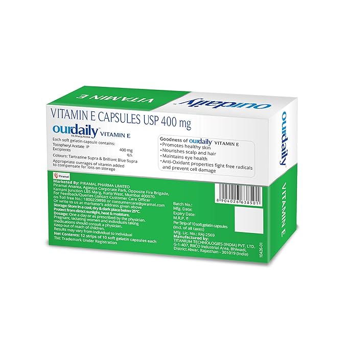 Ourdaily Vitamin E 400mg | Skin and Hair Health | Piramal